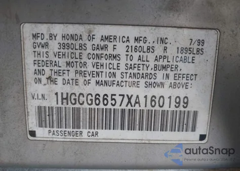 1999 Honda Accord Lx z USA, uszkodzony, nr VIN 1HGCG6657XA160199